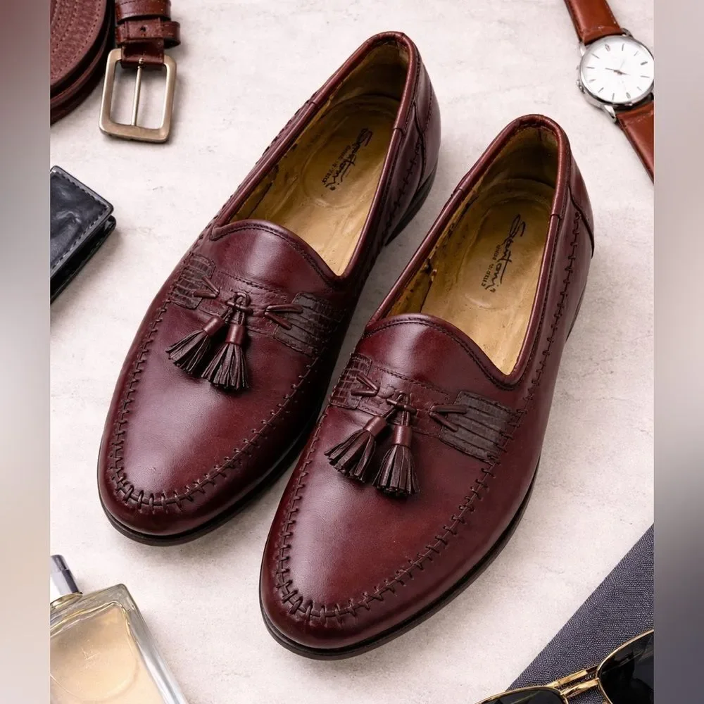 Santoni Italy Men’s Burgundy Leather Tassel Loafers Slip On Dress Shoes 10.5 D
